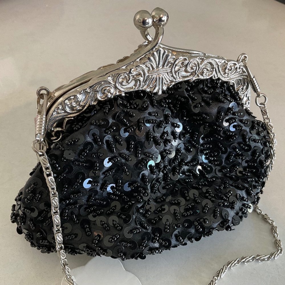 Huffa Purse Black Sequins Beaded Evening Bag NWOT